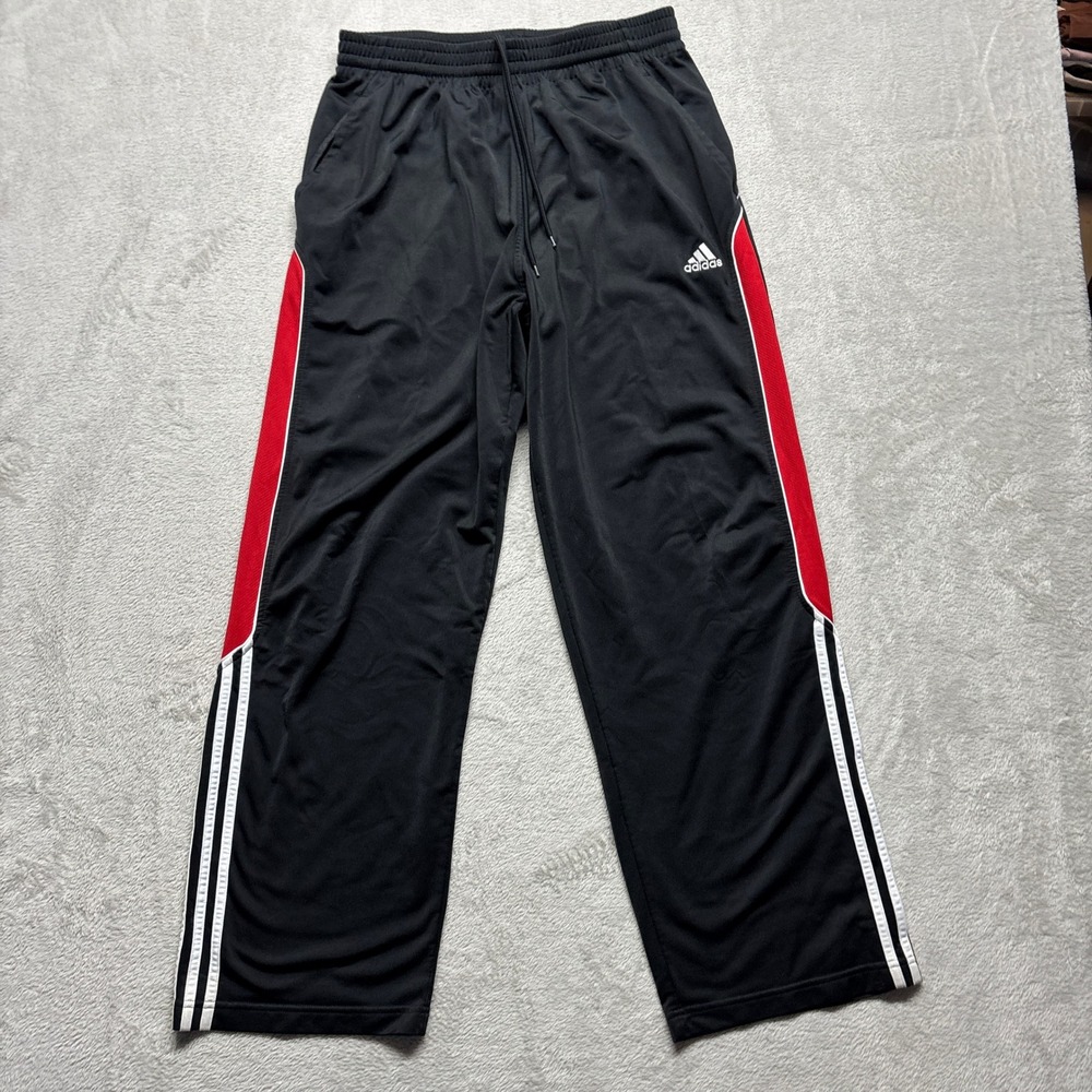 VTG Adidas Track Pants Mens Large Warm Up Black Red Stripe Athletic EUC Y2K